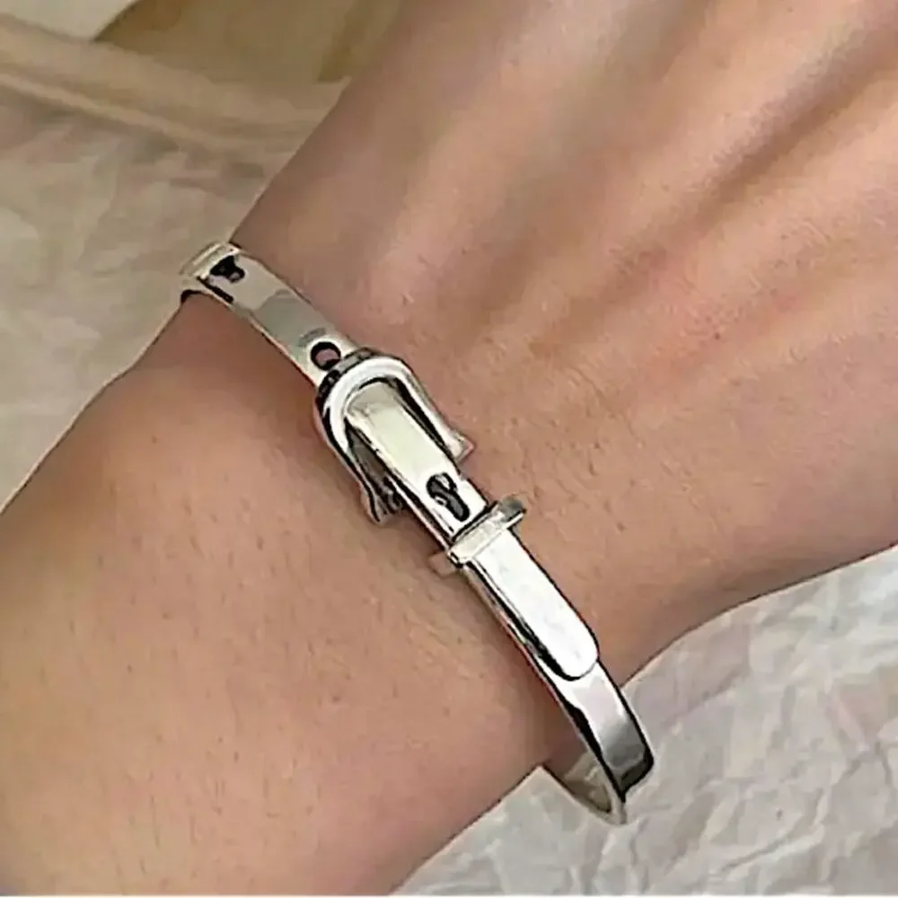 Sterling Silver Buckle Bracelet Bangle Adjustable Unisex Belt Geometric